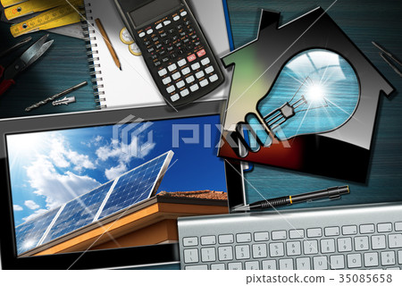 Solar Energy - Model House with Light Bulb Solar Energy - Model House with Light Bulb 35085658