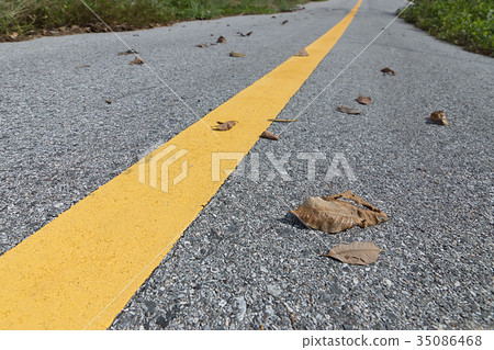 yellow traffic lines with dry leaf on the ground. 35086468