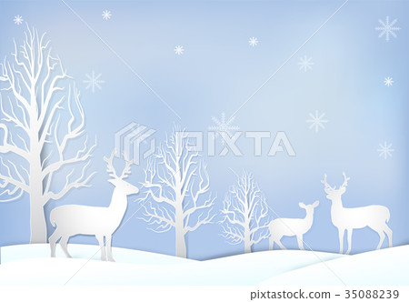 Paper art illustration of Deer and dry tree Paper art illustration of Deer and dry tree 35088239