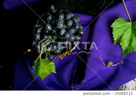 Red wine grapes in golden cup on violet background Red wine grapes in golden cup on violet background 35088515