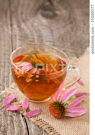 Cup of echinacea tea on old wooden table Cup of echinacea tea on old wooden table 35089377