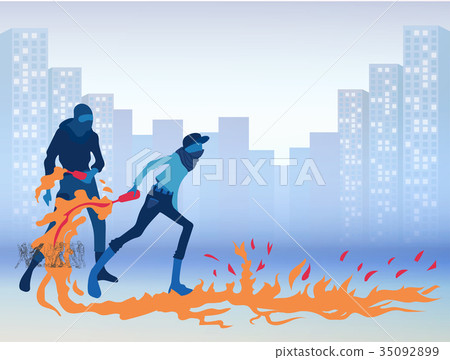 Radical young men with Molotov cocktails on a city 35092899