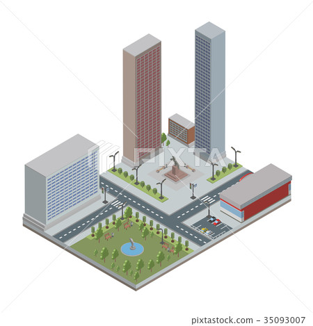 Isometric city with skyscrapers, buildings, public - Stock Illustration ...