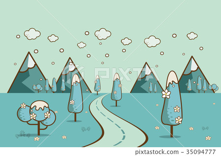 插图素材: road in winter valley, mountains, hills
