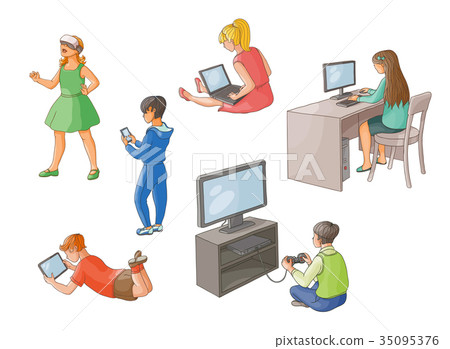 Kids using gadgets, technologies, back view 35095376