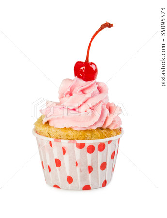 Cupcake with pink cream and cherry 35095573