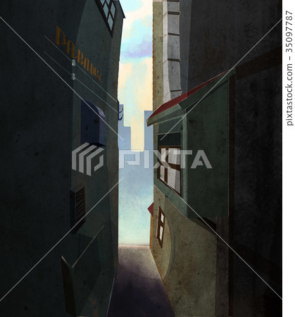 corner old Building cartoon background art. 35097787