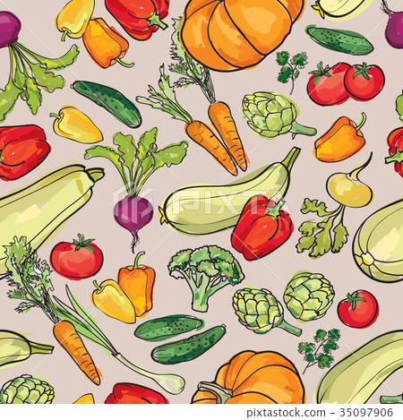 Ingredients Pattern Background Food ingredient tile background. Vegetable pattern - Stock Illustration ...