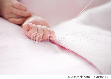 Newborn baby hand on pink blanket Newborn baby hand on pink blanket 35098317