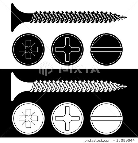 Wood screw. Black and white icons with screw heads 35099044