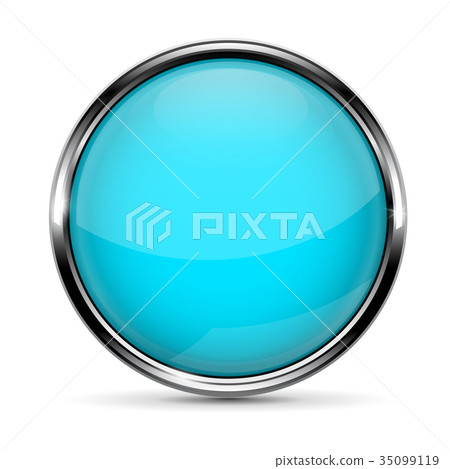 Blue glass round button with metal frame 35099119