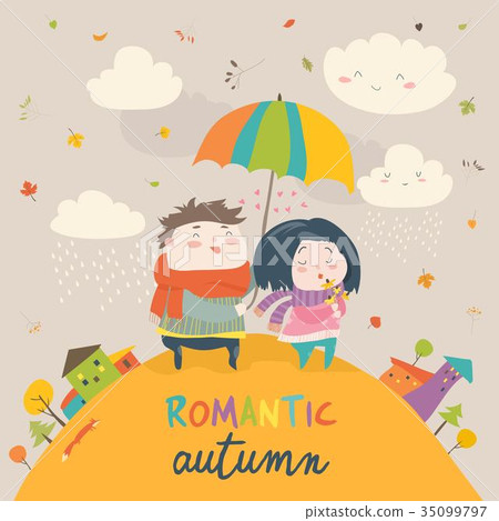Cute couple with an umbrella in the autumn rain 35099797