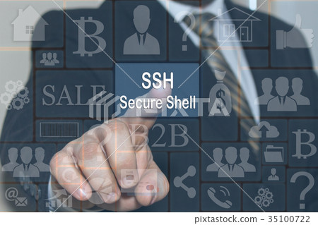 The businessman clicks on the SSH Secure Shell The businessman clicks on the SSH Secure Shell 35100722