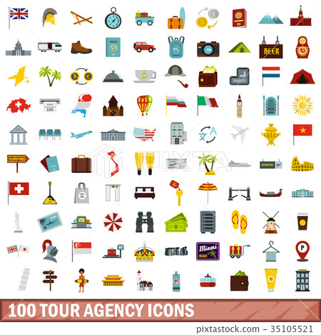 100 tour agency icons set, flat style 100 tour agency icons set, flat style 35105521