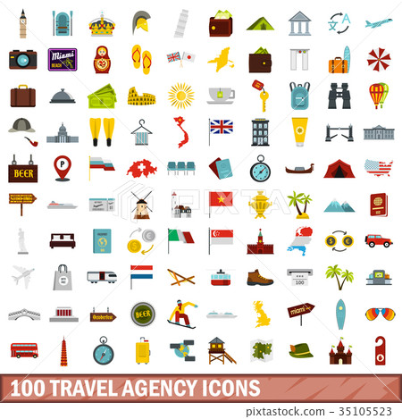 100 travel agency icons set, flat style 100 travel agency icons set, flat style 35105523