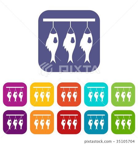 Three dried fish hanging on a rope icons set 35105704