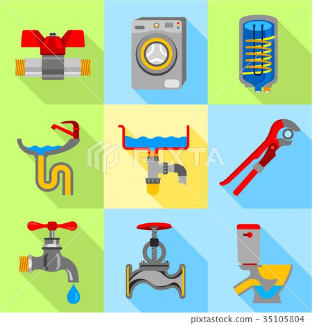 Plumbing icons set, flat style 35105804