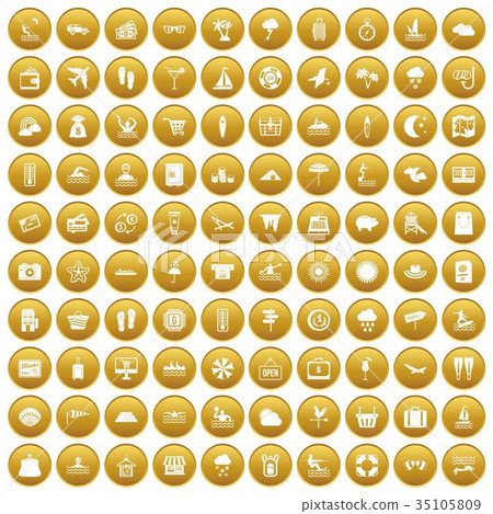 100 seaside resort icons set gold 100 seaside resort icons set gold 35105809