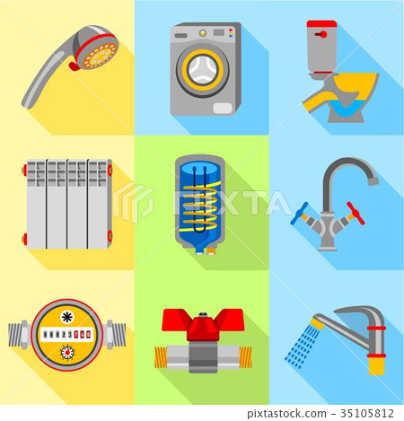 Plumbing house icons set, flat style Plumbing house icons set, flat style 35105812