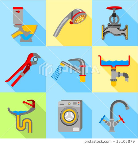 Plumbing trouble icons set, flat style Plumbing trouble icons set, flat style 35105879