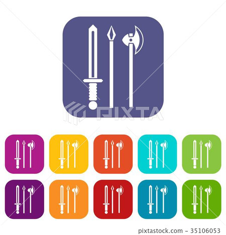 Ancient weapon sword, pick and axe icons set Ancient weapon sword, pick and axe icons set 35106053