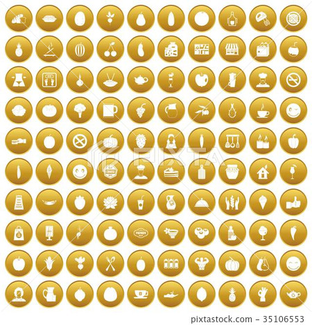 100 vegetarian cafe icons set gold 35106553