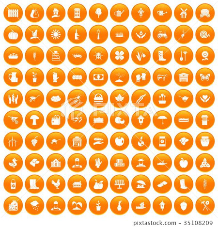 100 farm icons set orange 35108209