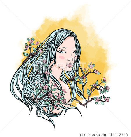Long-haired woman among the branches and flowers Long-haired woman among the branches and flowers 35112755