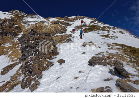 Mountain climber climbing the rocky area of Yatsugatake Mountain Range and Yokodake 35118553