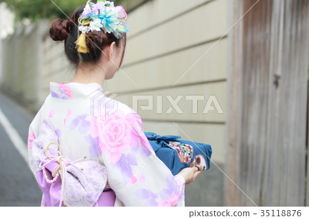 Young Yukata woman with a mid-summer bathing cloth Young Yukata woman with a mid-summer bathing cloth 35118876