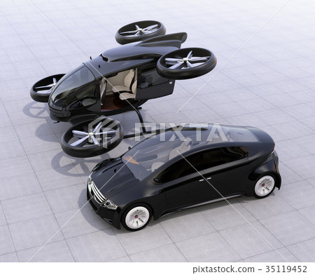 自駕車和無人機出租車。在汽車和無人機共享業務中提供快速運輸的概念 35119452
