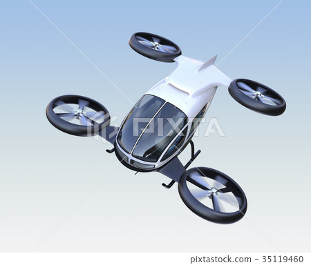 白色自動駕駛無人機出租車在天空中飛翔 白色自動駕駛無人機出租車在天空中飛翔 35119460