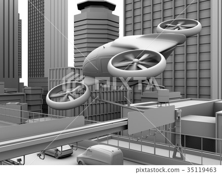 無人機出租車在粘土陰影城市上空飛行 無人機出租車在粘土陰影城市上空飛行 35119463