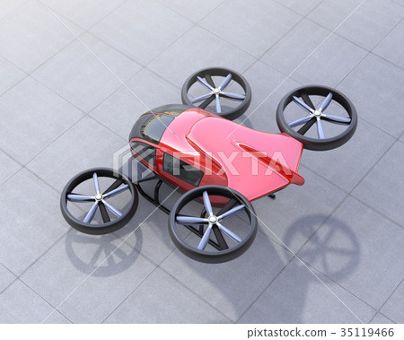 Red drone taxi waiting at the tarmac. Passenger fast transport concept. 35119466