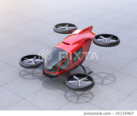 等待在柏油碎石地面的紅色寄生蟲出租汽車。乘客快速運輸的概念。 35119467