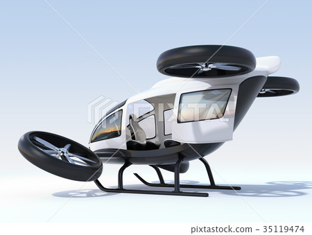 等待與門的一輛白色自駕駛的無人機出租汽車的圖像打開 35119474