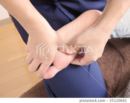 Hand of a masseur who presses the soles Hand of a masseur who presses the soles 35120681