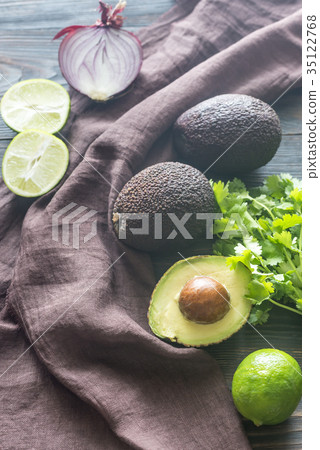 Hass avocados with ingredients for guacamole 35122768