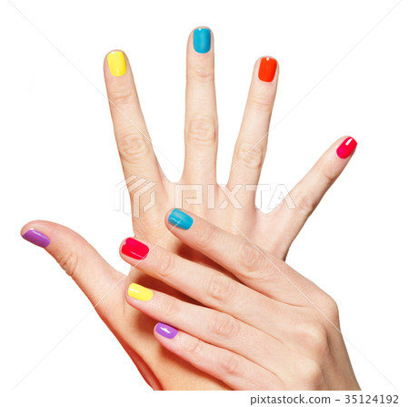 Closeup female hand with  multicolor nails 35124192