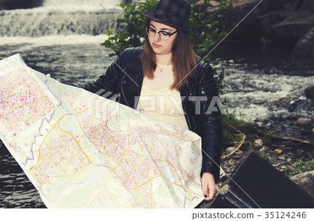 Travel Map Girl Hat Suitcase Waterfall Travel Map Girl Hat Suitcase Waterfall 35124246