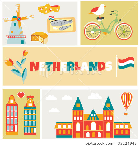 Poster with different and landmarks of Netherlands 35124943