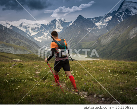 Man trail running in the mountain in Altai, Russia 35130652