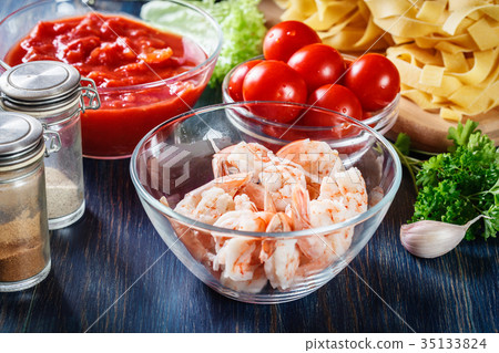 Ingredients ready for preparing pappardelle pasta 35133824