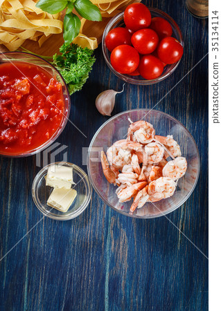 Ingredients ready for preparing pappardelle pasta 35134114