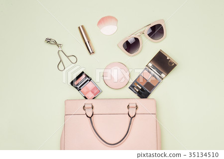 Makeup products with cosmetic bag on color Makeup products with cosmetic bag on color 35134510