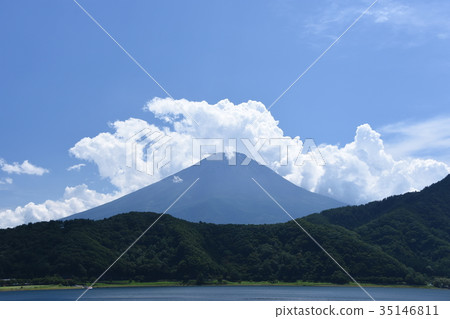 Mt. Fuji in the back with white clouds seen from Lake Oku Kawaguchi 35146811