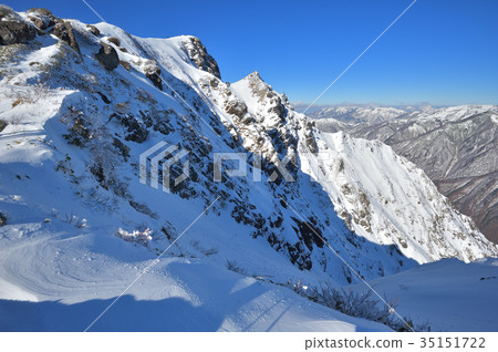 Tanigawadake in early winter From the upper part of the Nishi-Kuro-on, look at the Higashi-one and Tanigawa-dake summits, and the direction of the winding machine mountain 35151722