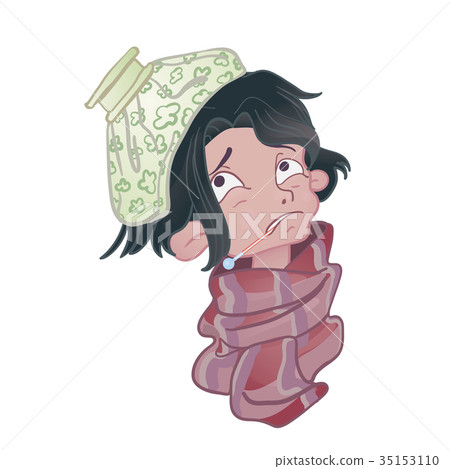 Sick young man with thermometer in mouth and ice 35153110