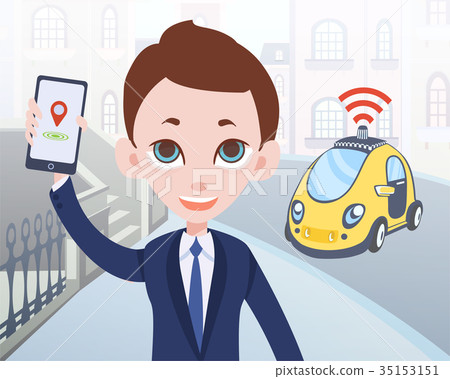 Man ordering driverless taxi using mobile 35153151