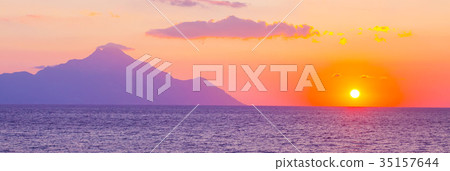 Silhouette of mount Athos at sunrise, Greece 35157644